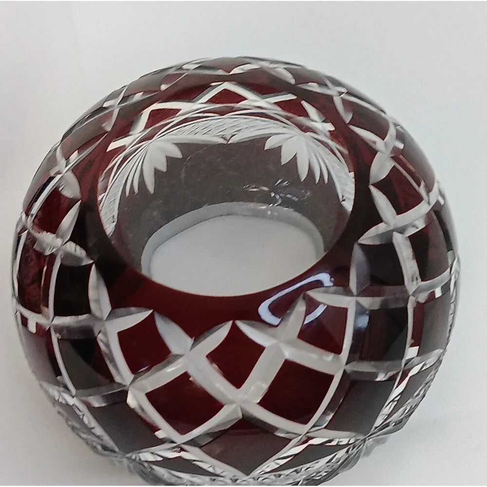 Crystal Ruby Red Cut To Clear Vase Bowl Candle Holder Cut Glass Bohemian READ